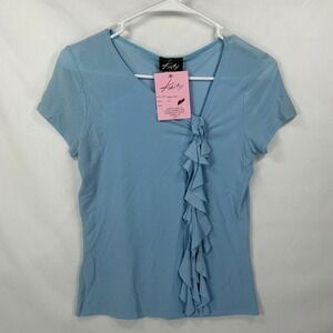 NWT Vintage Kaity Light Blue Ruffle Top – Y2K Asymmetrical Short Sleeve Tee (S)